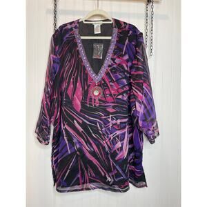NWT ULLA POPKEN Black Pink Purple Print V-Neck Sequin Blouse Plus Size 28/30